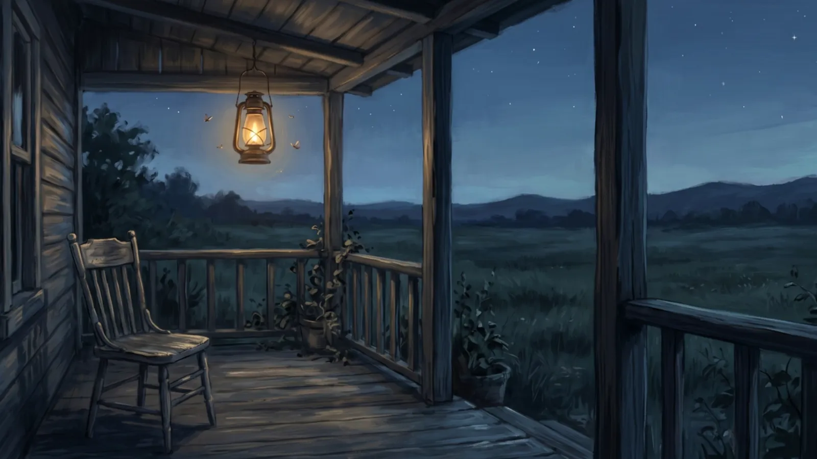 A painted veranda at dusk: an empty chair, a lantern, moths in its glow.