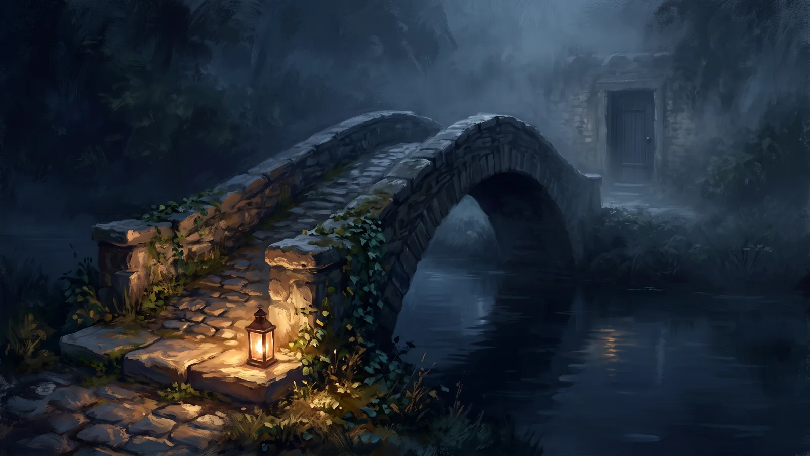A painted stone footbridge at night. A lantern stands at the near end; a door waits in a wall on the far bank.