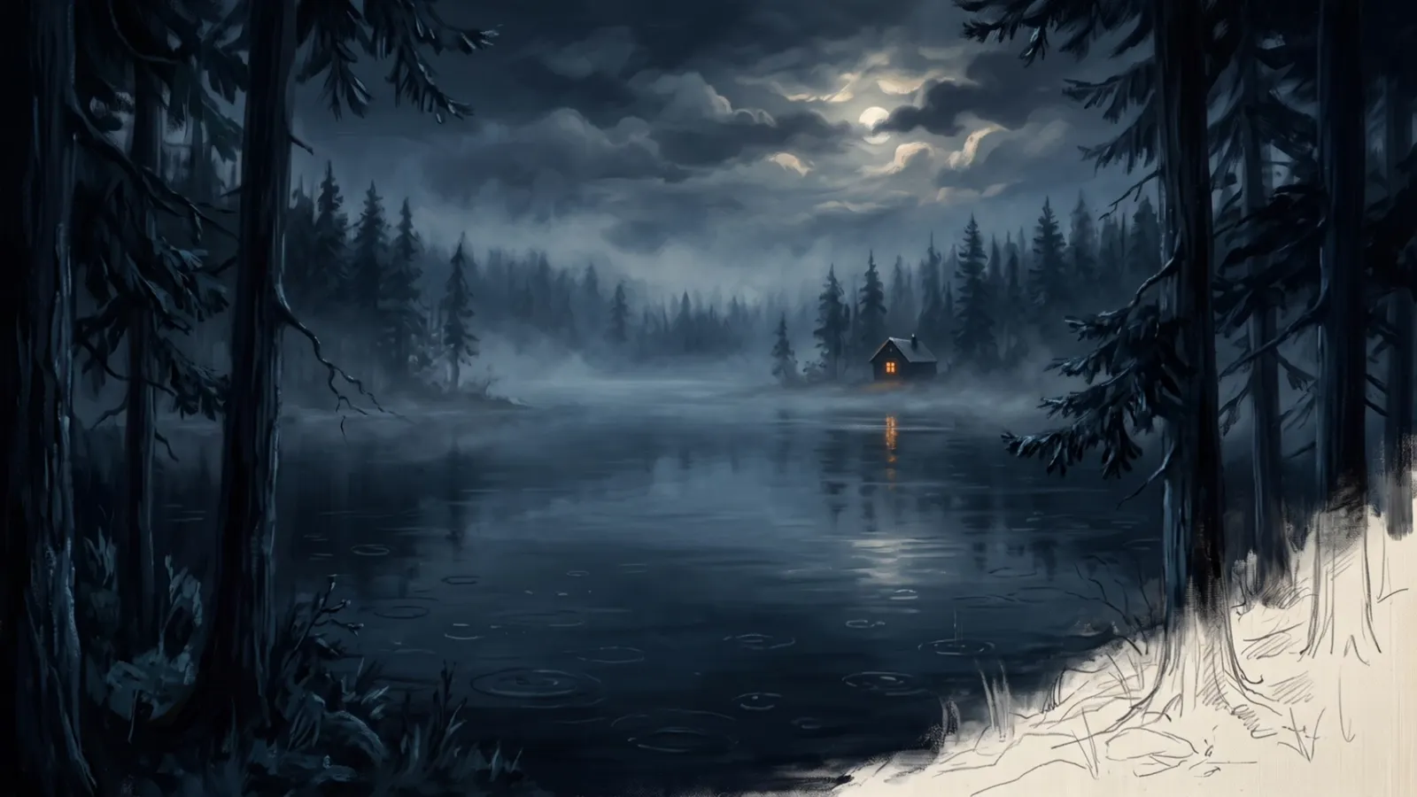 A painted lake in rain at night.