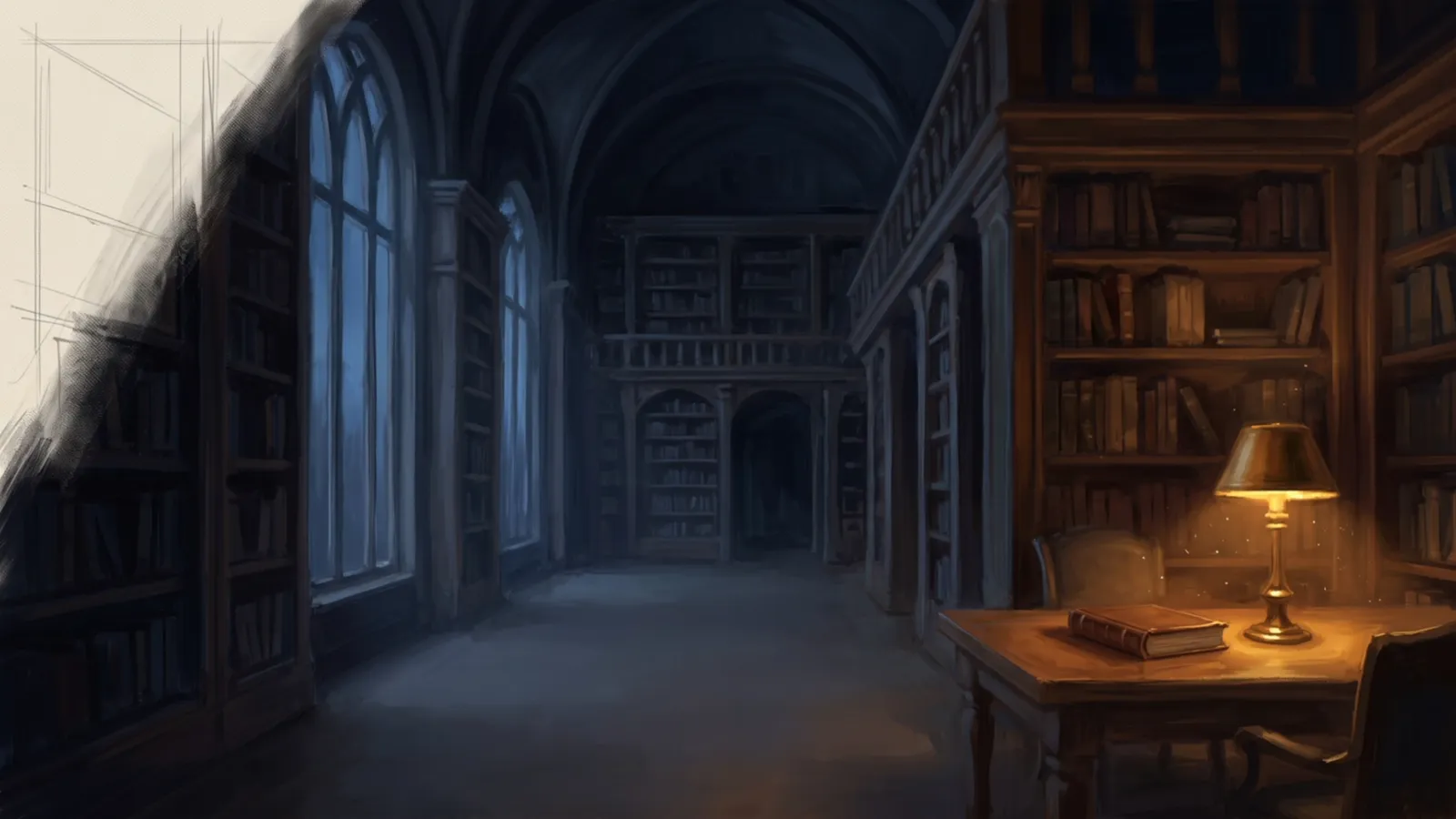 A painted library at dusk, one lamp lit.